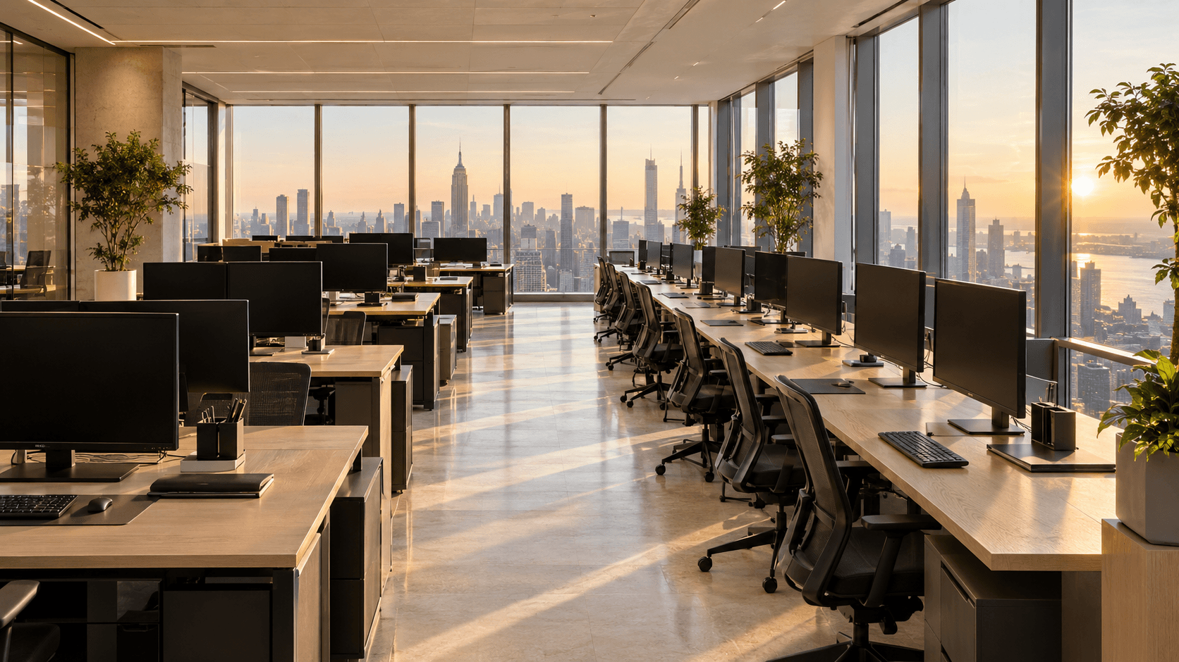 Sala de análisis en una torre de Manhattan al amanecer, con filas de escritorios y monitores apagados frente a los ventanales.